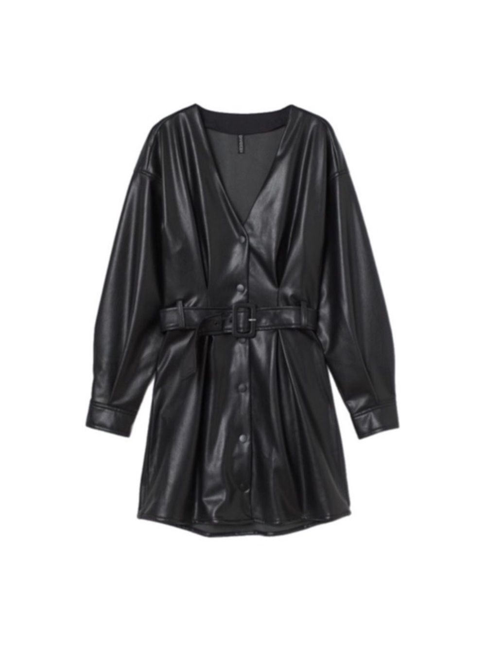 Faux Leather Button-Front Dress with Belt - Black